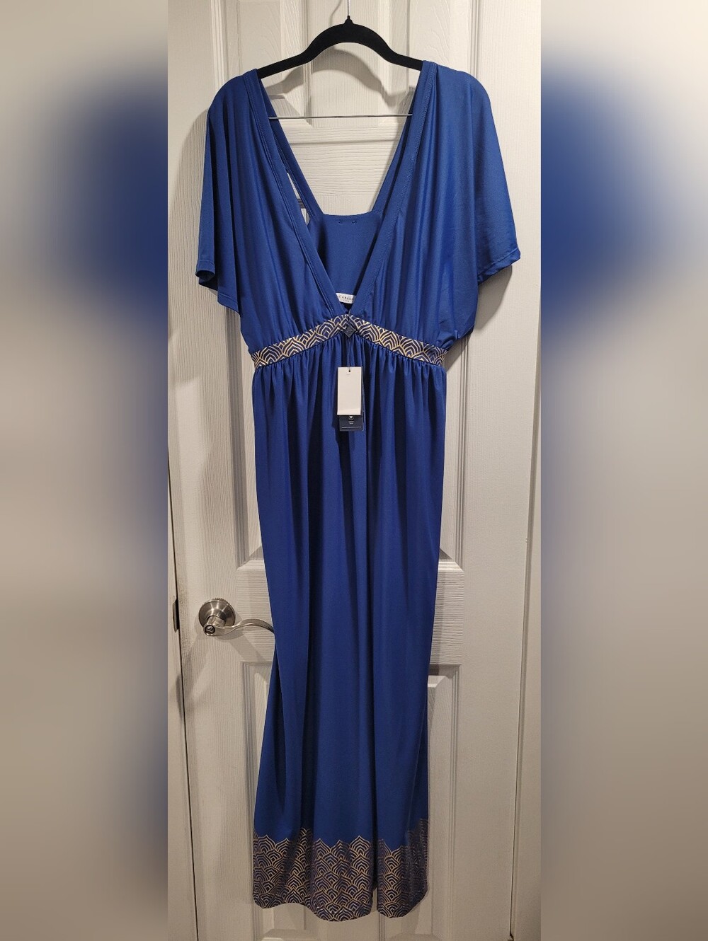 Cabana Life Royal Blue V-Neck Flutter Sleeve Maxi with Geometric Waistband XL